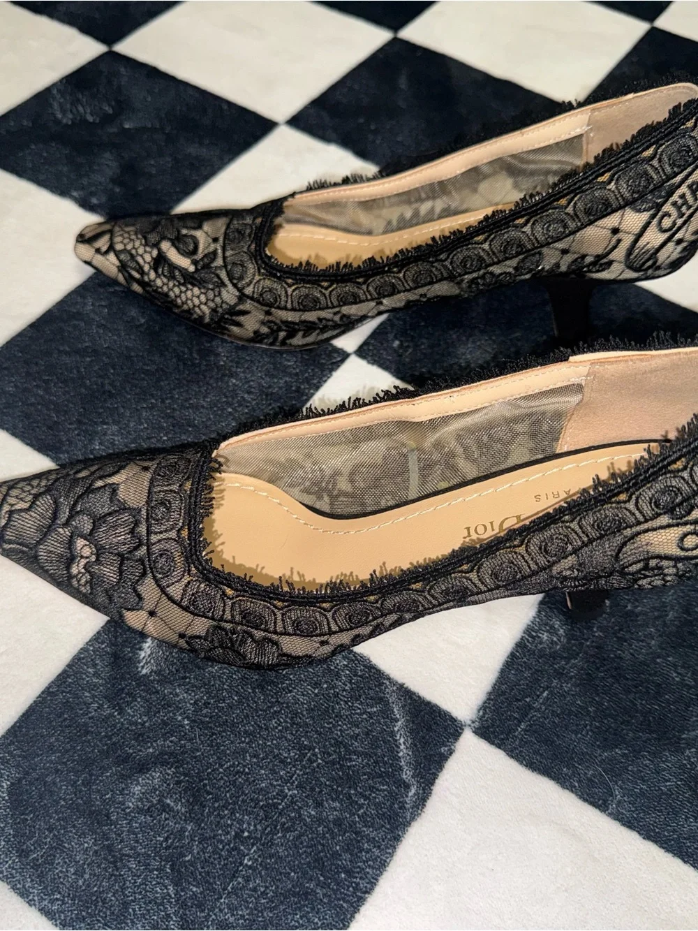 Dior Black Lace Pointed-Toe Heels with Nude Insole